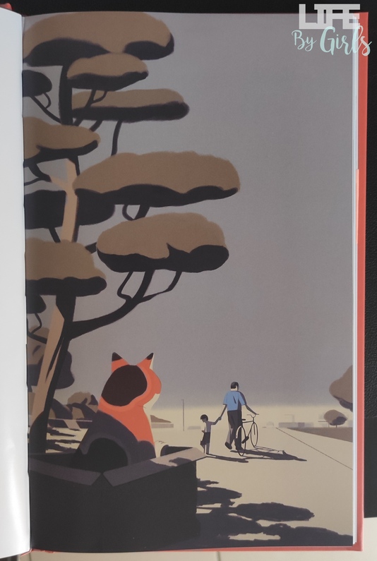 image illustrant un chat dans un carton sur une plage, un père et son fils s'éloigne.
