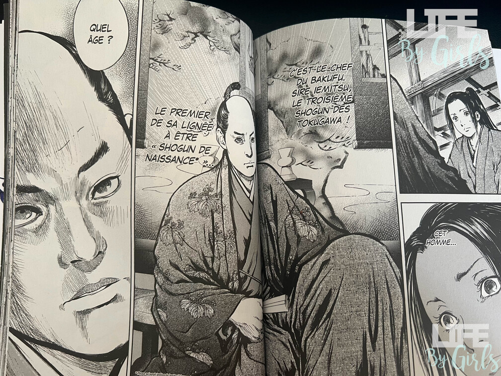 Double page avec le Shogun, sire Iemitsu au centre.