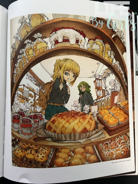 illustration "Boulangerie", mettant en scènes deux jeunes filles dans une boulangerie, entourées de gâteaux